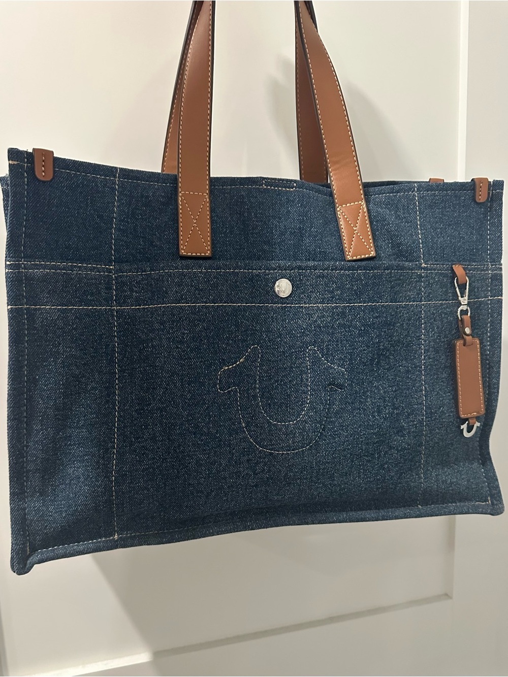 True Religion Denim Tote Bag with Brown Leather Trim